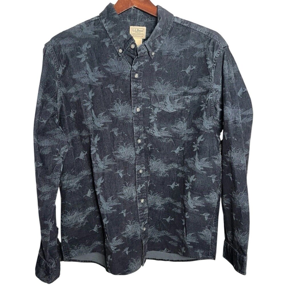 LL Bean Corduroy Shirt Mens L Blue Animal Print Comfort Stretch Button Up New